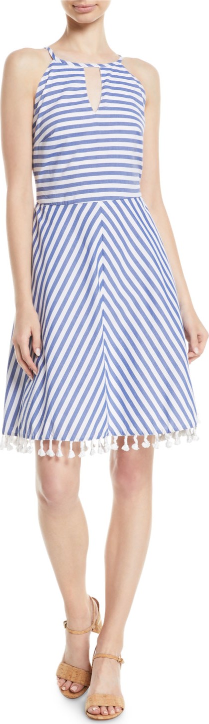Letarte High-Neck Striped Cotton Halter Dress w/ Tassel Hem