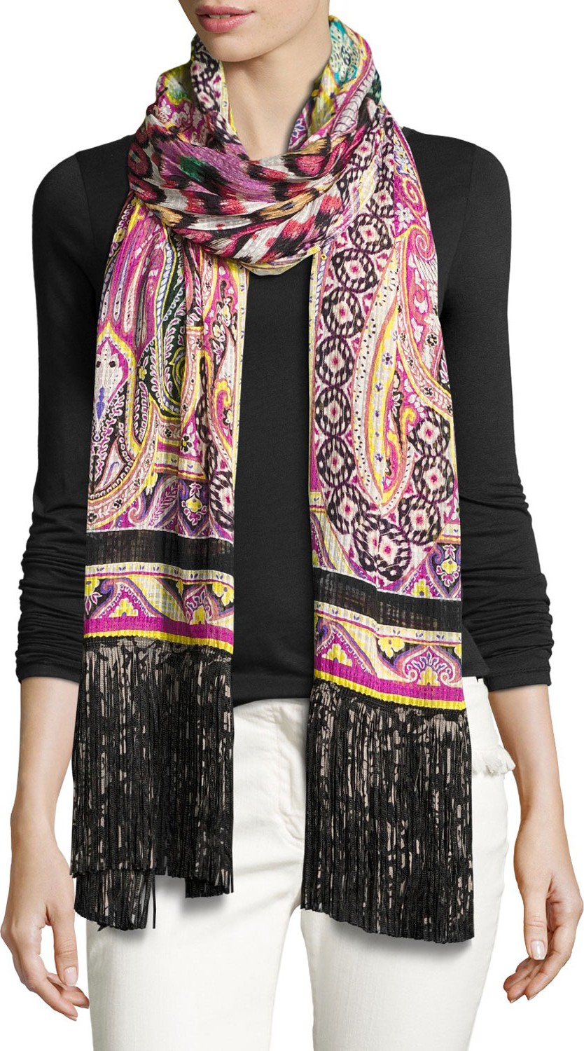 Etro Silk Batik Paisley Fringe Scarf, Black/Pink