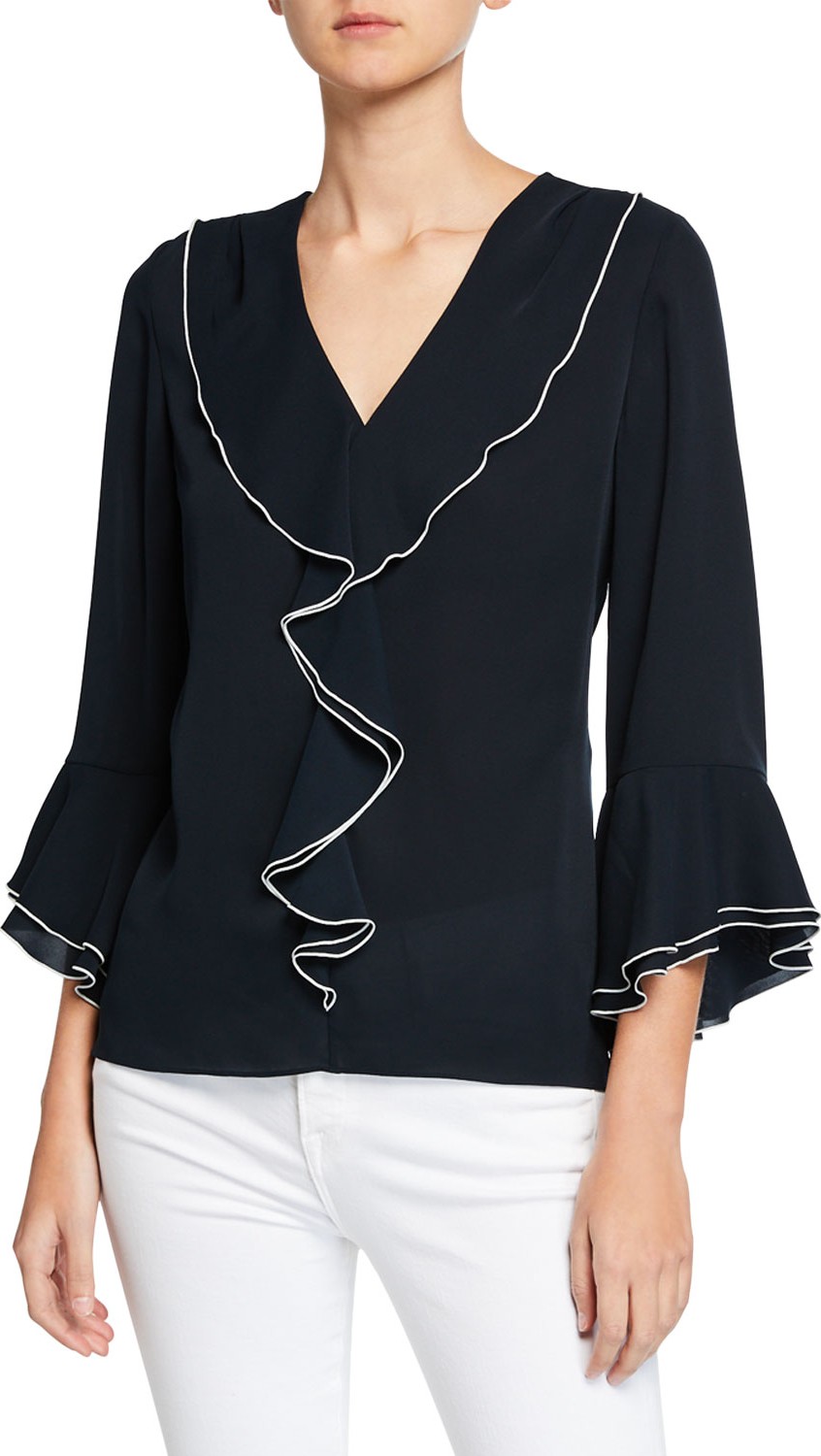 Elie Tahari Julianna V-Neck 3/4-Sleeve Ruffle Blouse