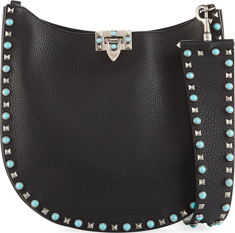 Valentino Guitar Rockstud Rolling Noir Small Hobo Bag