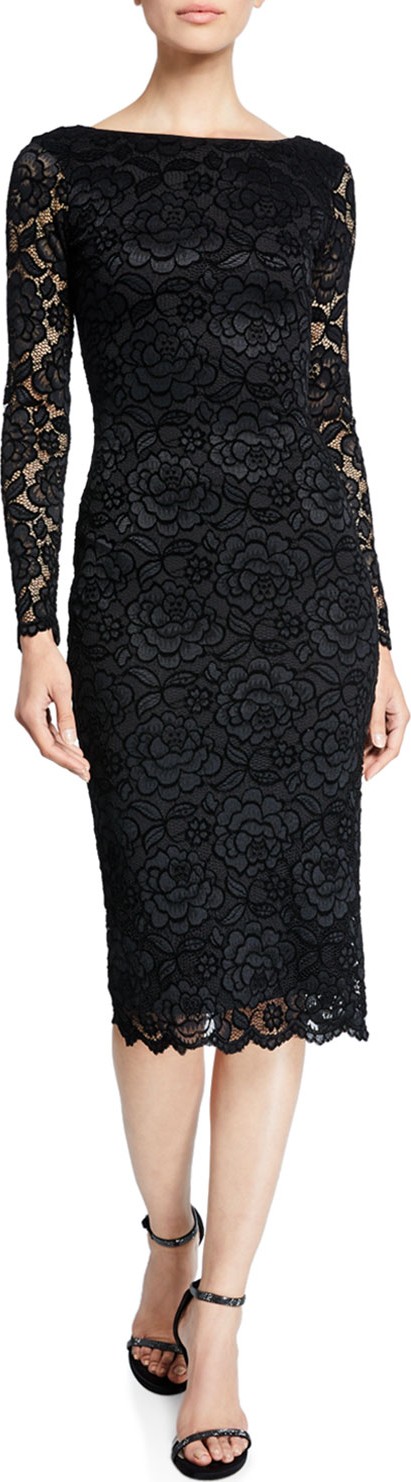 Dress the Population Emery Long-Sleeve Velvet Lace Midi Cocktail Dress