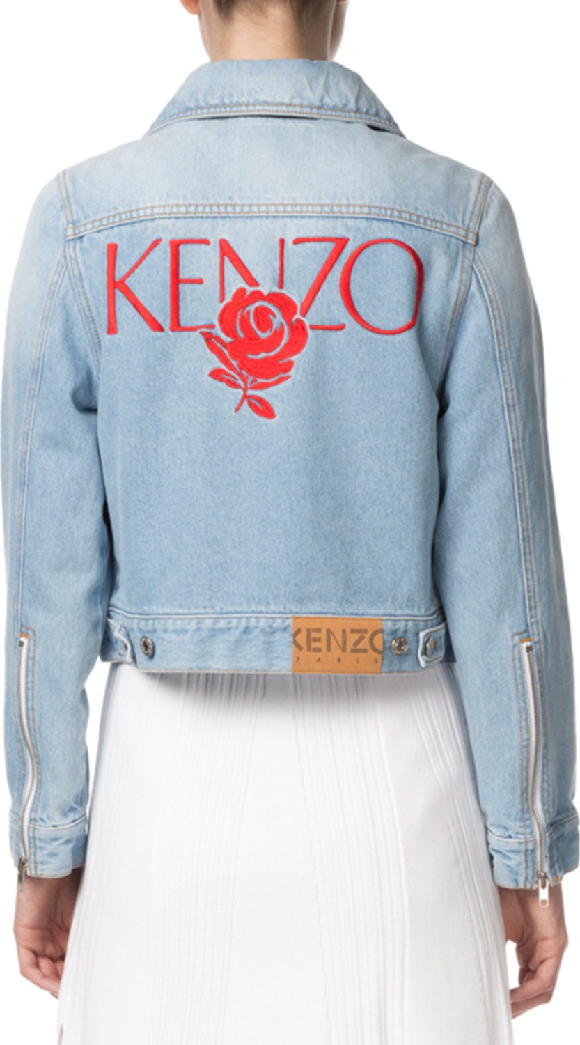 KENZO Zip-Front Cropped Denim Jacket with Embroidery