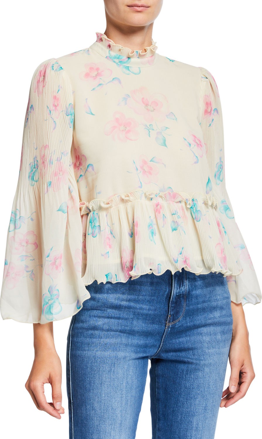 Ganni Pleated Georgette Floral High-Neck Peplum Blouse