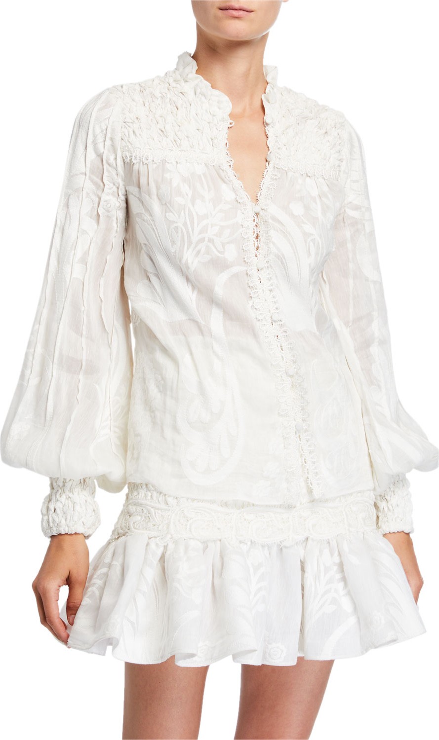 Alexis Bismarck Blouson-Sleeve Button-Front Top