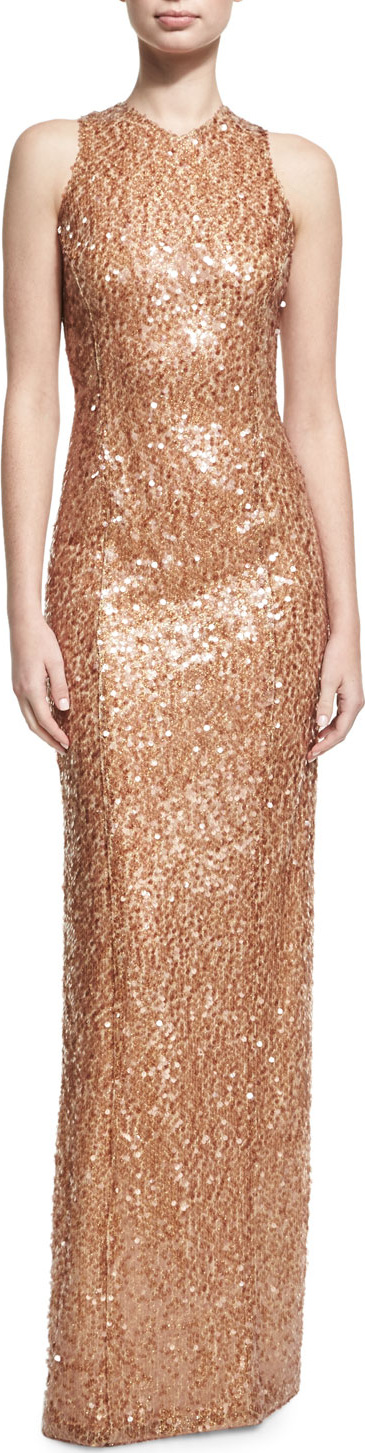 Galvan Sequined Racerback Column Gown, Medium Brown