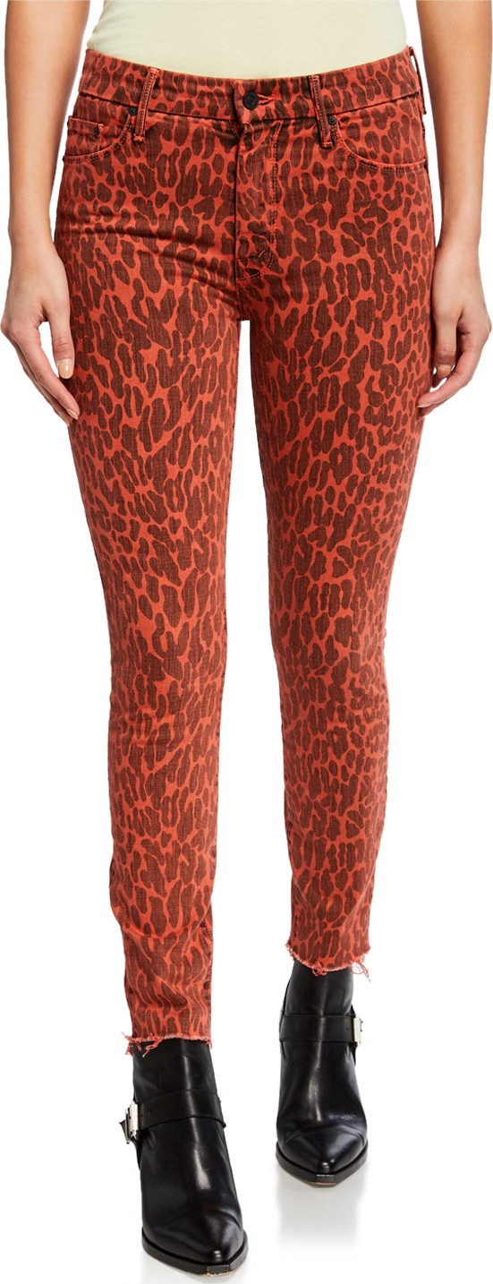 MOTHER Looker Leopard-Print High-Waist Ankle Fray Jeans