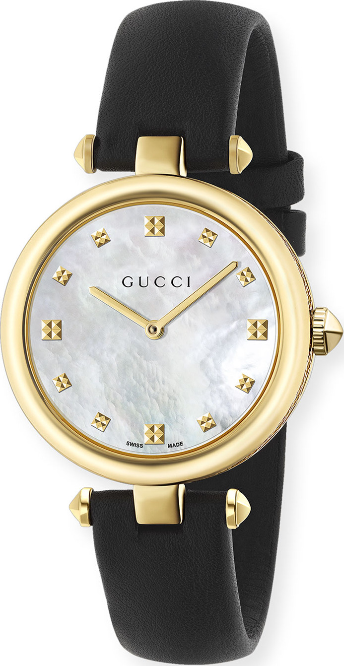 Gucci 32mm Diamantissima Watch w/ Leather Strap, Black/Golden