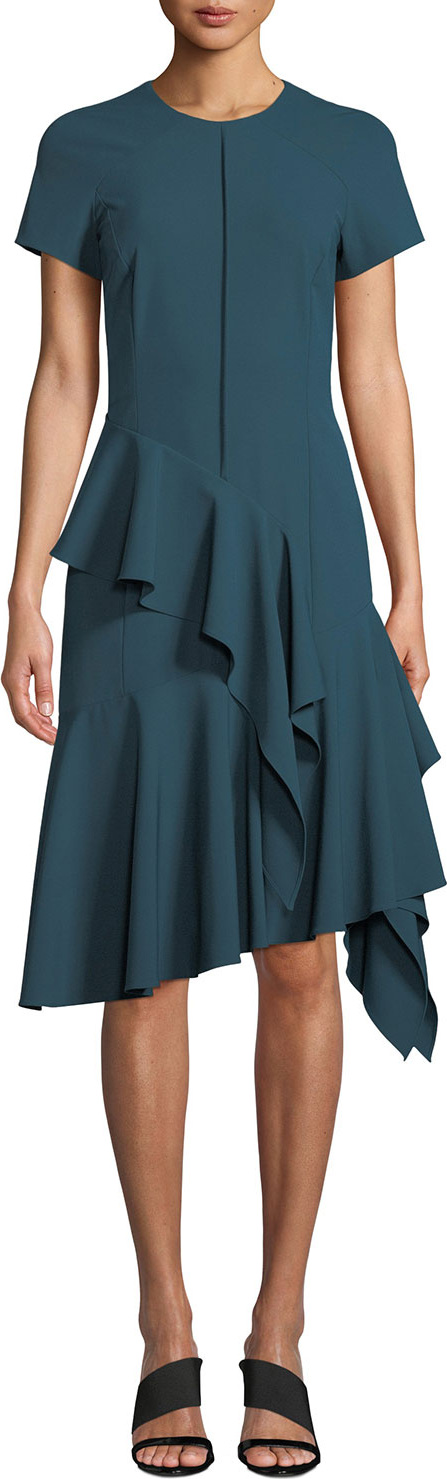 Josie by Natori Short-Sleeve Jewel-Neck Asymmetric Ruffle Bi-stretch Dress