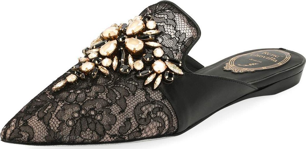 Rene Caovilla Beaded Lace Mule Flat