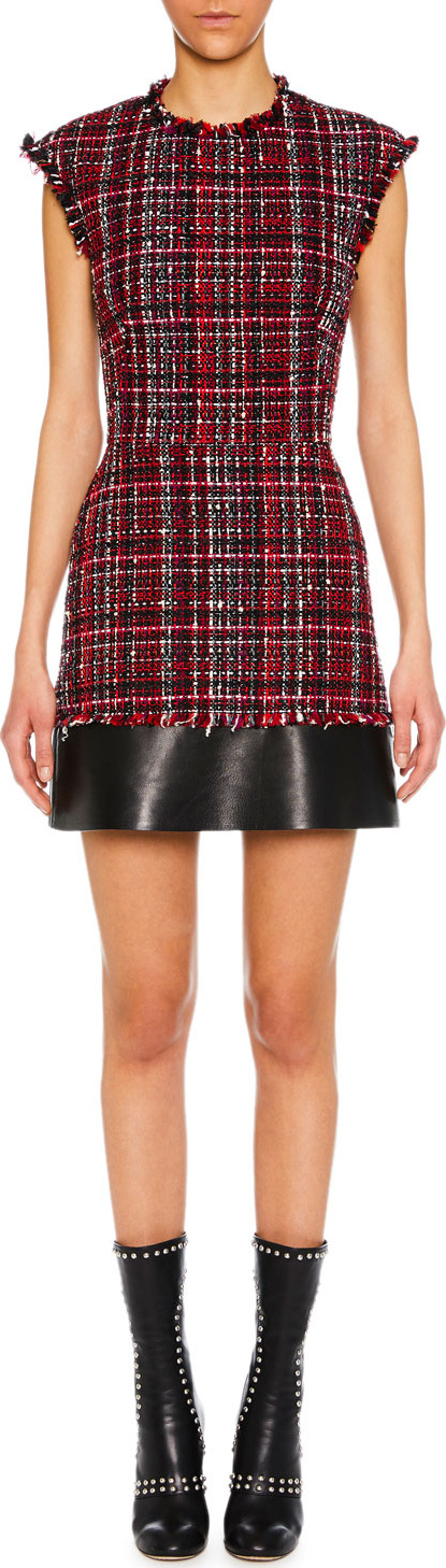 Alexander McQueen Cap-Sleeve Tweed Short Dress with Leather Trim