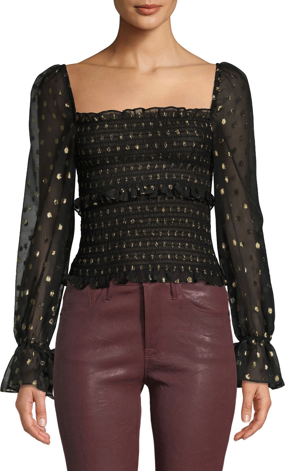 LIKELY Nicolette Smocked Dot-Print Long-Sleeve Top