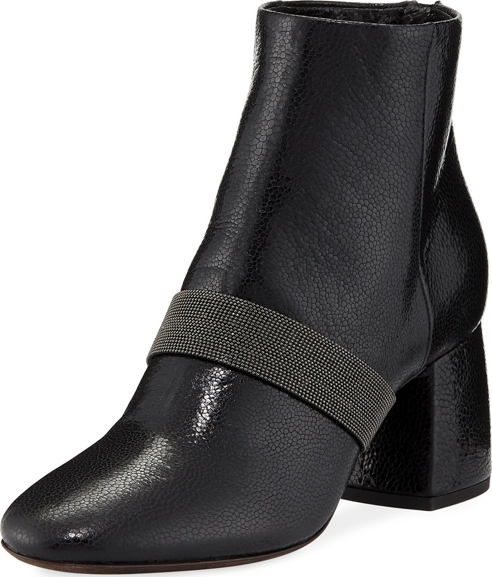 Brunello Cucinelli Shiny Leather Block-Heel Zip Booties with Monili