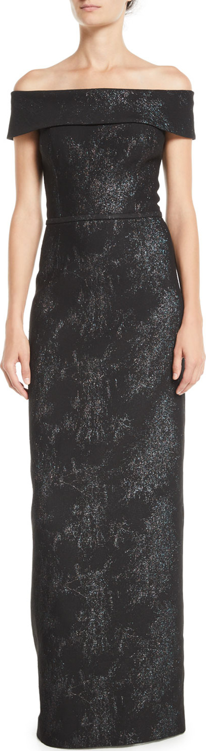 Rickie Freeman for Teri Jon Off-the-Shoulder Jacquard Column Gown
