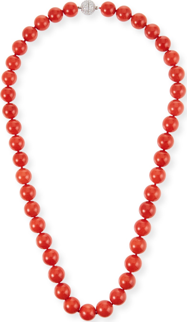 Assael 18k Sardinian Coral Bead Necklace w/ Diamond Clasp, 9.4mm