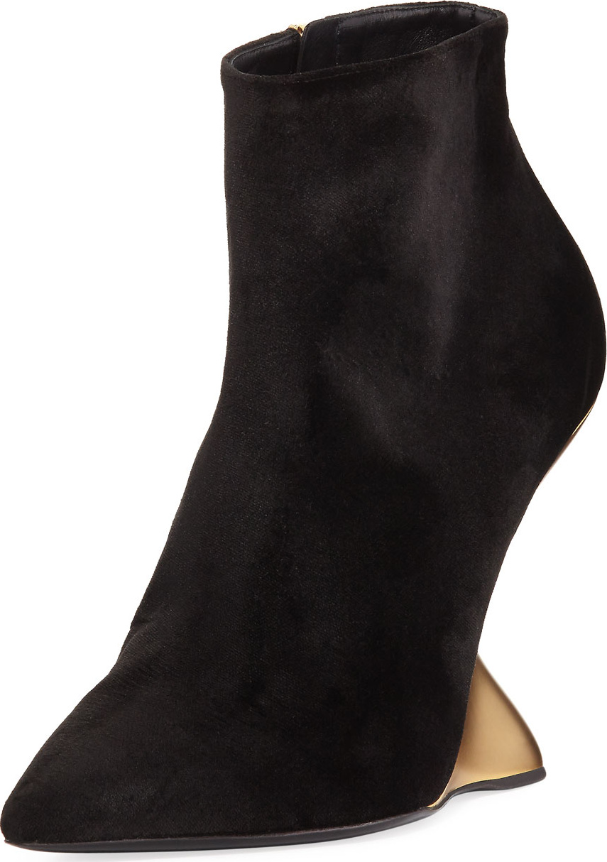 Salvatore Ferragamo Bolgheriv Velvet Bootie with Golden Wedge Heel, Nero