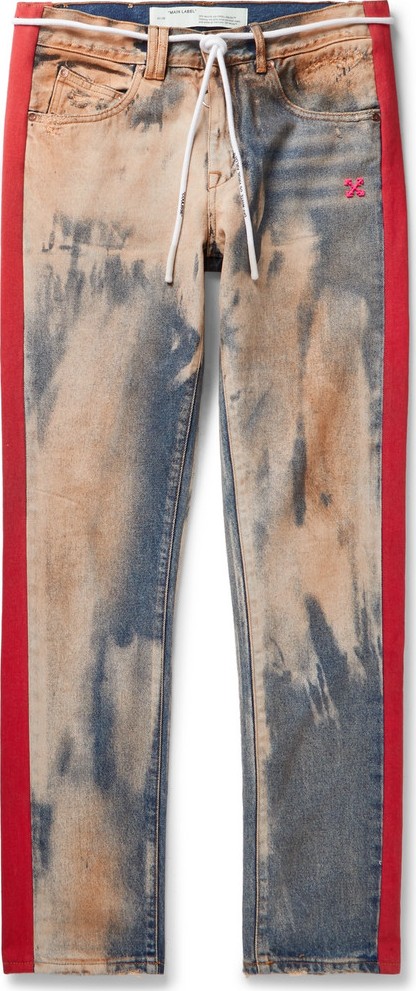 Off White Slim-Fit Striped Bleached Denim Jeans