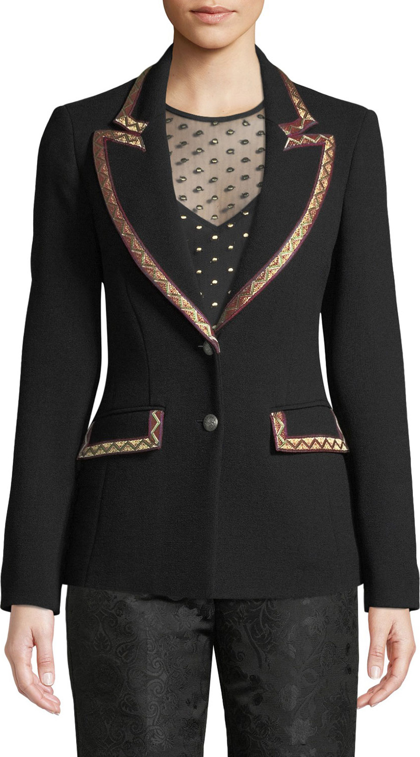 Etro Single-Breasted Wool-Crepe Blazer w/ Embroidered Ribbon Trim