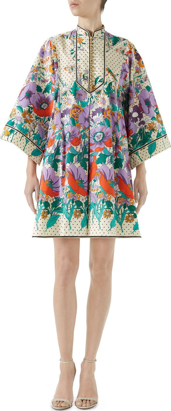 Gucci Long-Sleeve Button-Down Plastron Garden Floral-Print Stars Cotton Dress