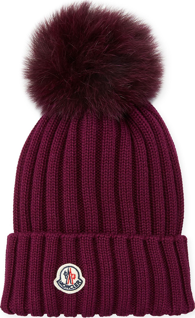 Moncler Ribbed-Knit Beanie Hat w/Fur Pompom