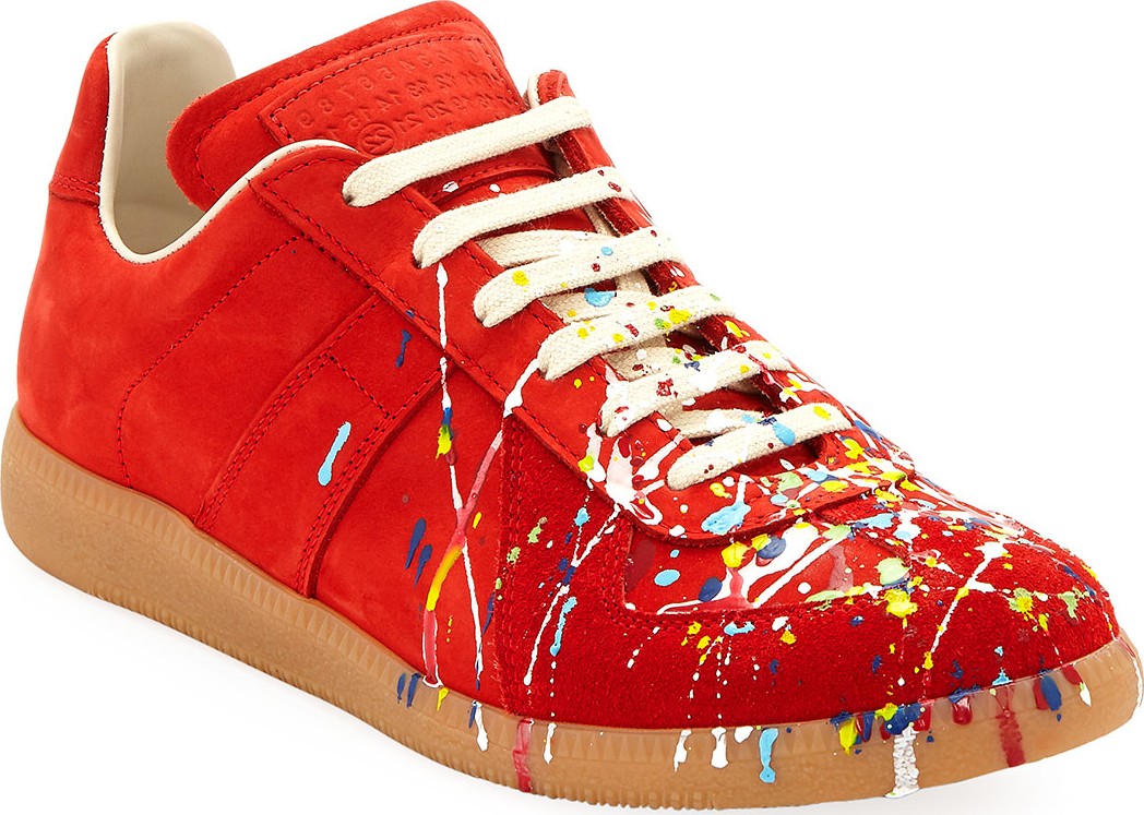 Maison Margiela Men's Replica Paint-Splatter Suede Low-Top Sneakers