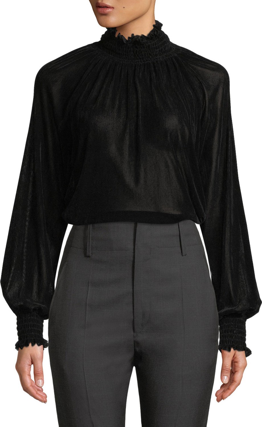 Amanda Uprichard Lynnane Smocked Velvet Turtleneck Top