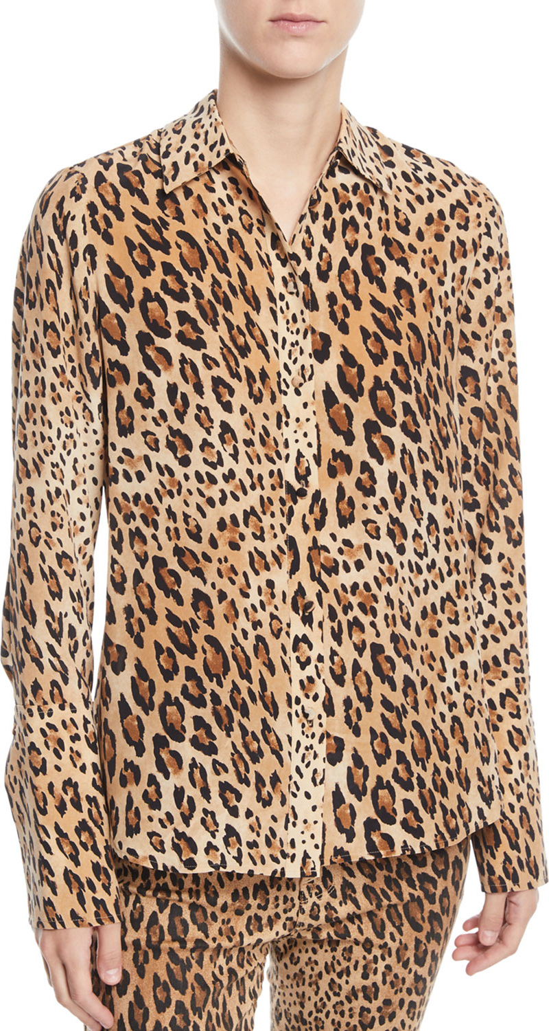 FRAME DENIM Cheetah-Print Button-Front Silk Top w/ Long Cuffs