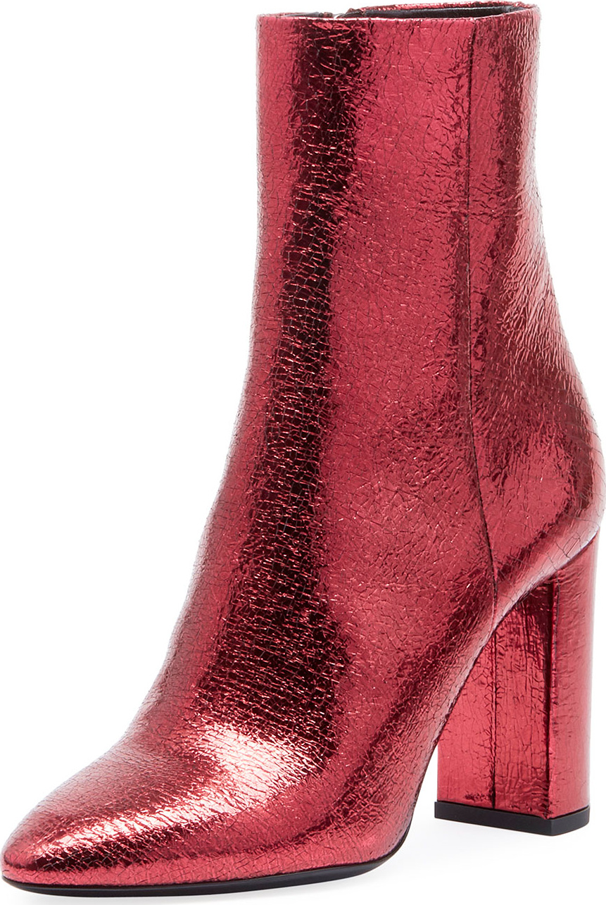 Saint Laurent Lou Crackled Metallic Leather Mid-Heel Bootie