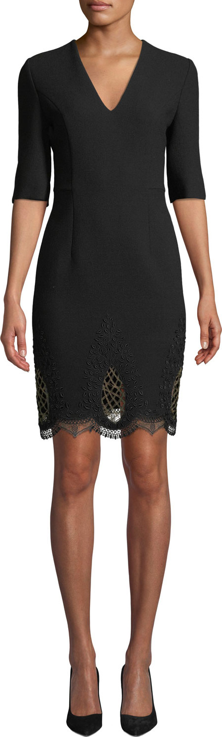Kiton V-Neck Elbow-Sleeve Wool-Crepe Dress w/ Embroidered Hem