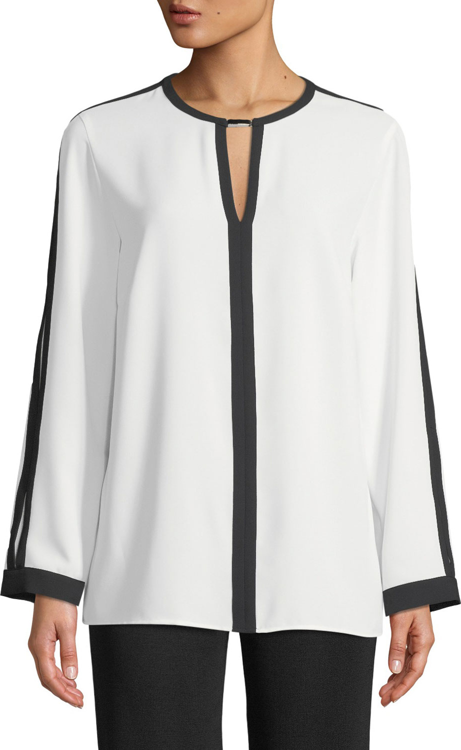 Misook Silky Keyhole-Front Blouse w/ Contrast Trim, White/Black