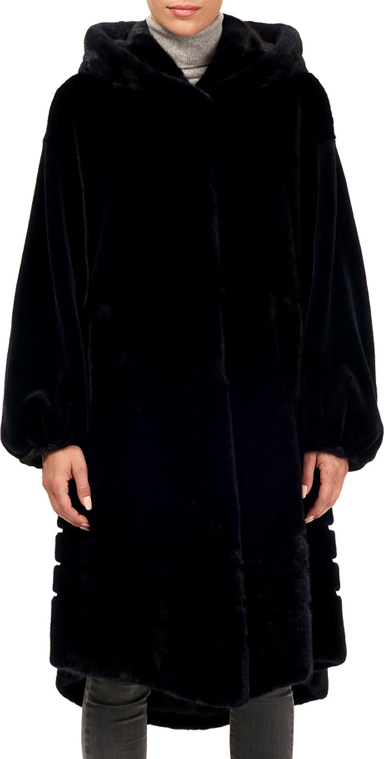 Gorski Short-Nap Mink Coat w/ Hood and Sheared Sleeves