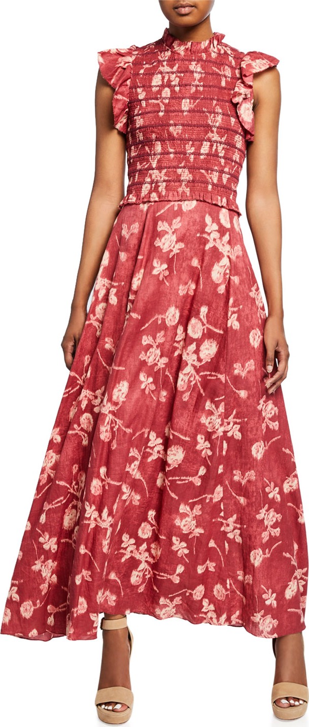 SEA Monet Floral-Print Sleeveless Smocked Midi Dress