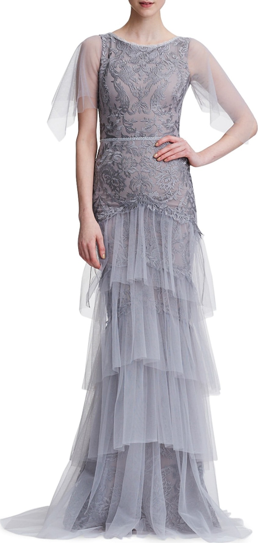 Marchesa Notte Embroidered Tiered Tulle Gown