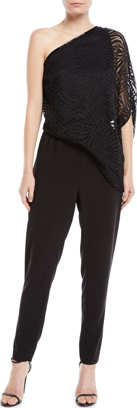 HALSTON HERITAGE One-Shoulder Lace Jumpsuit w/ Beading