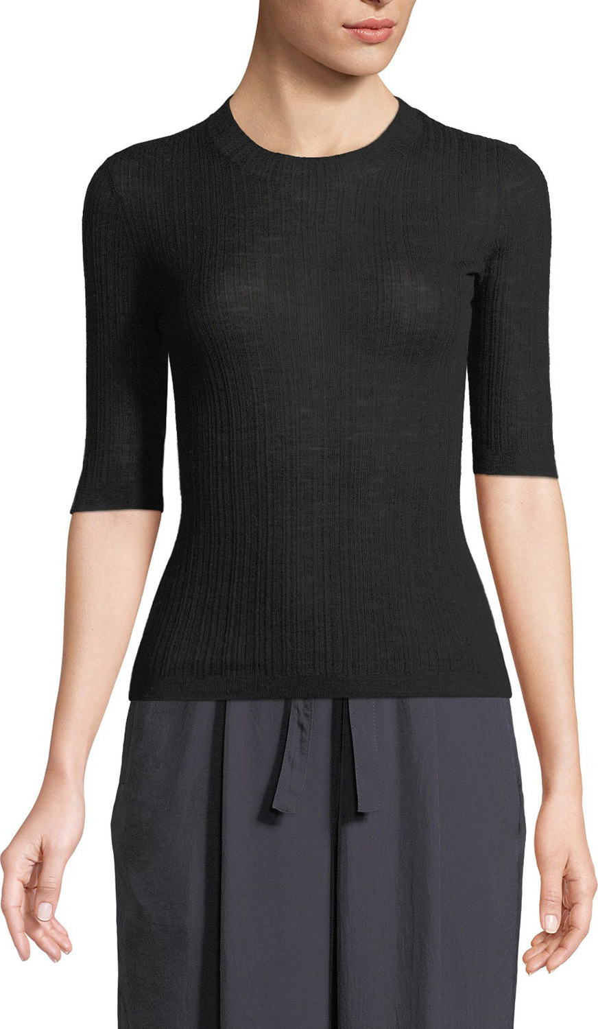 Vince Shrunken Wool Crewneck 3/4-Sleeve Top