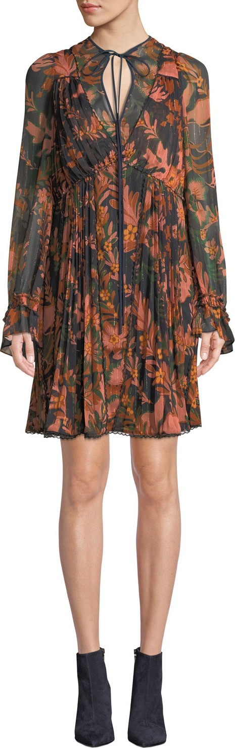 COACH Forest Floral-Print Pleated Long-Sleeve Dress