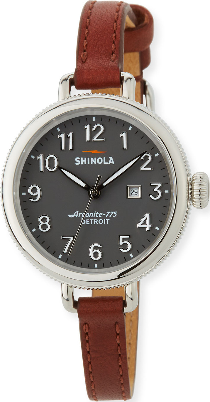 Shinola 34mm The Birdy 3-Hand Date Watch with Cognac Leather Strap