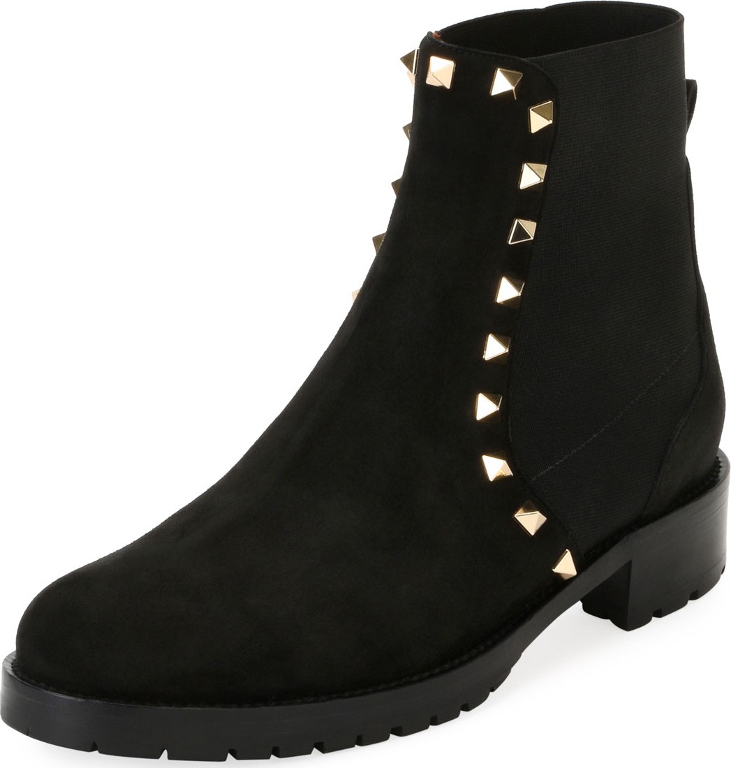 Valentino Suede Studded Combat Ankle Boots, Black