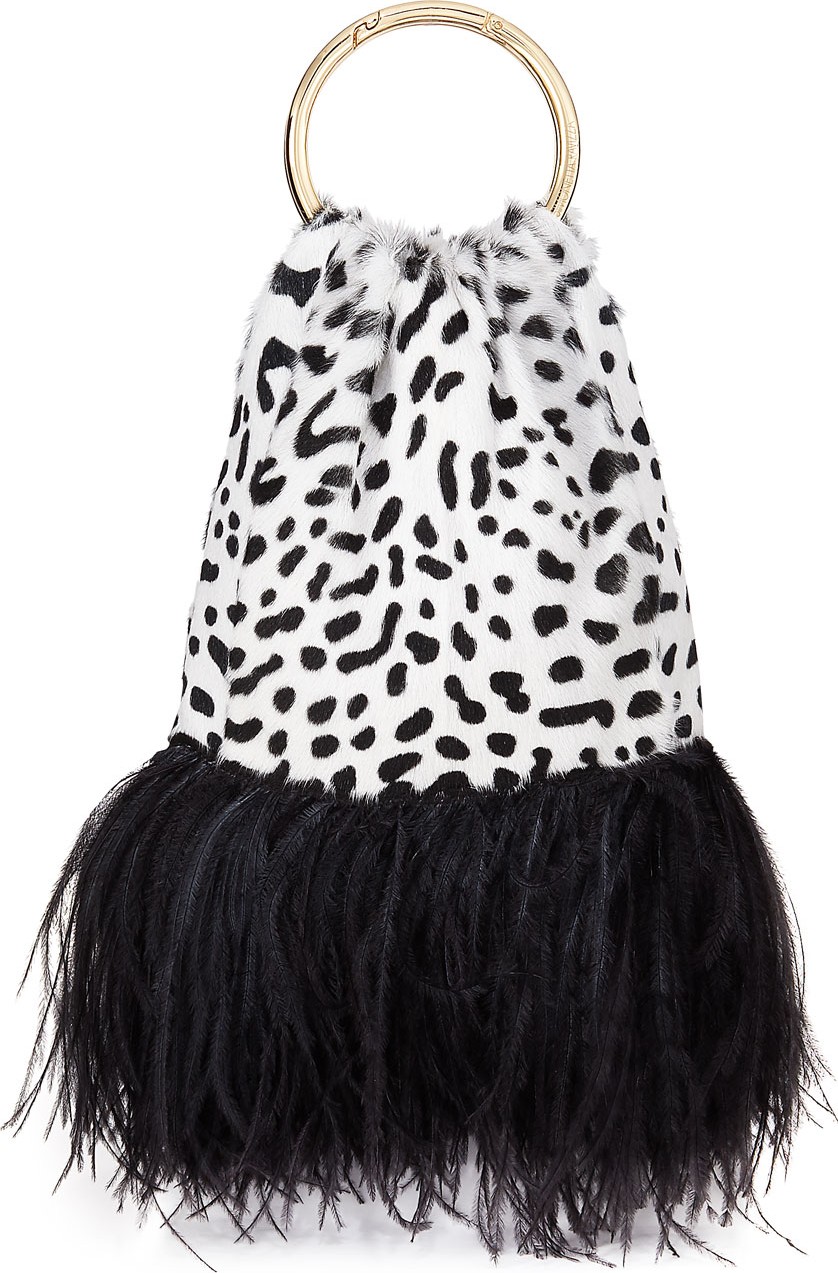 Simonetta Ravizza Furrissima Jaguar-Print Goat Top Handle Bag w/ Feather Trim