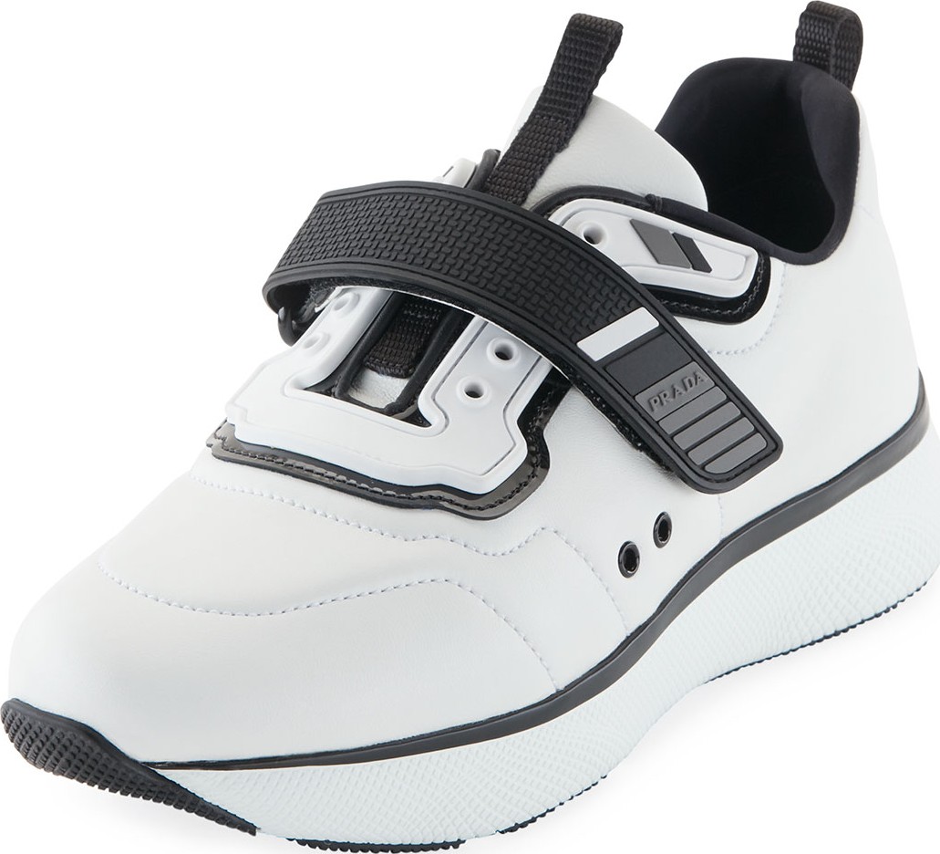 Prada Leather Grip-Strap Sneakers, White