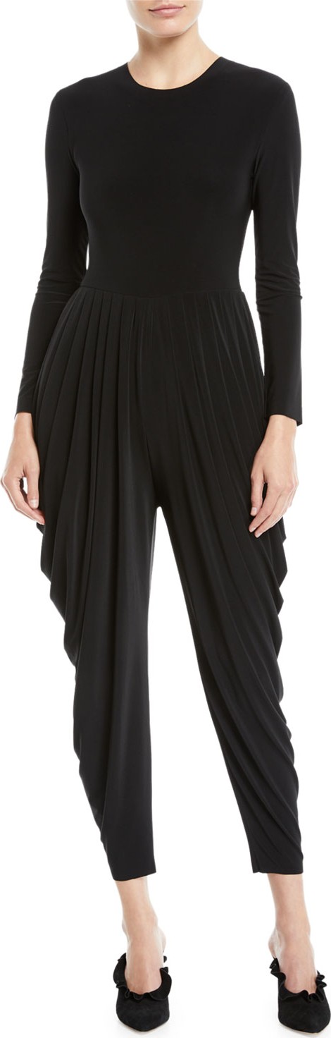 Norma Kamali Jewel-Neck Long-Sleeve Waterfall Stretch Jersey Jumpsuit