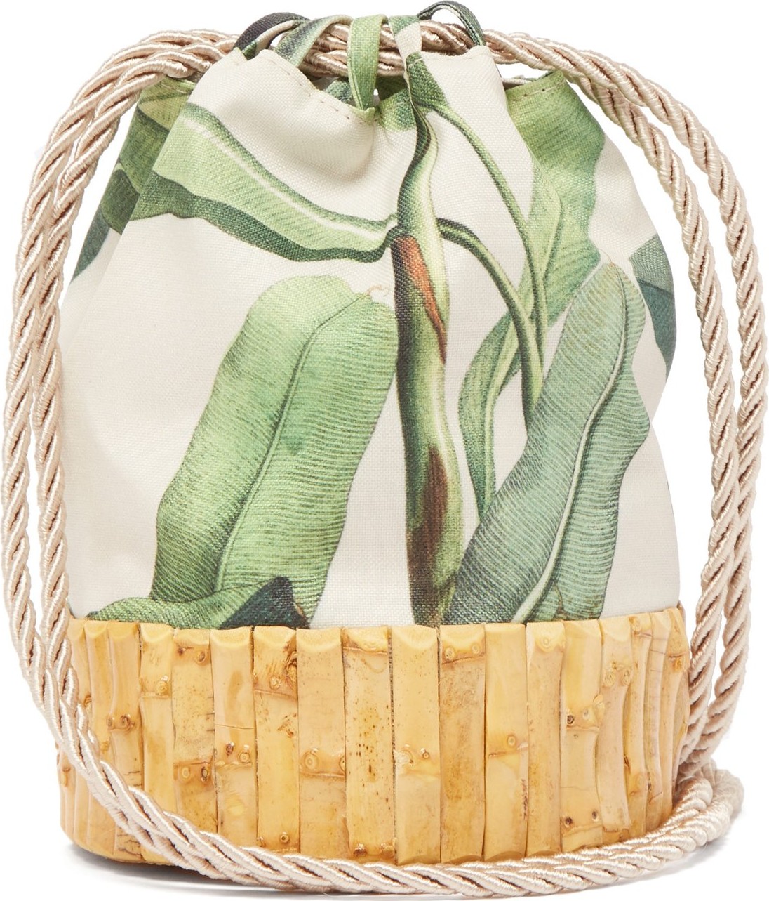 Glorinha Paranagua Saigon leaf-print canvas and bamboo bucket bag