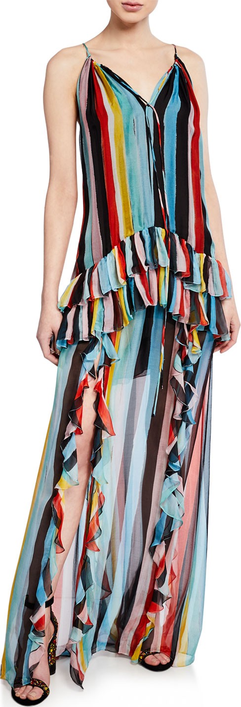 Caroline Constas Isla Watercolor Stripe Ruffle Halter Maxi Dress