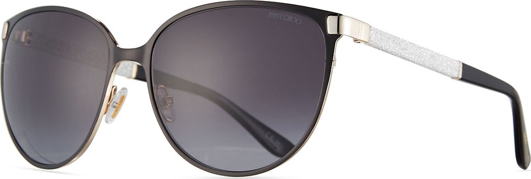 Jimmy Choo Posie Crystal-Temple Round Sunglasses, Black Jimmy Choo Posie Crystal-Temple Round Sunglasses, Black