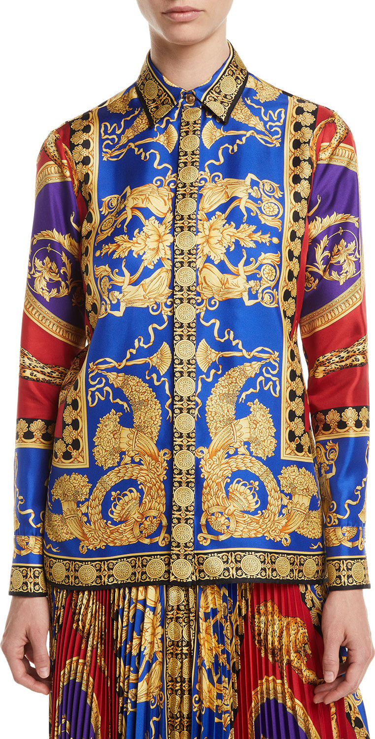 Versace Pillow Talk Archive Print Button-Front Long-Sleeve Silk Shirt
