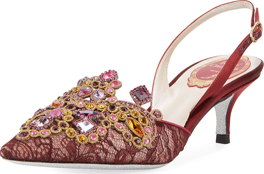 Rene Caovilla Multi-Lace Embellished Slingback Pumps