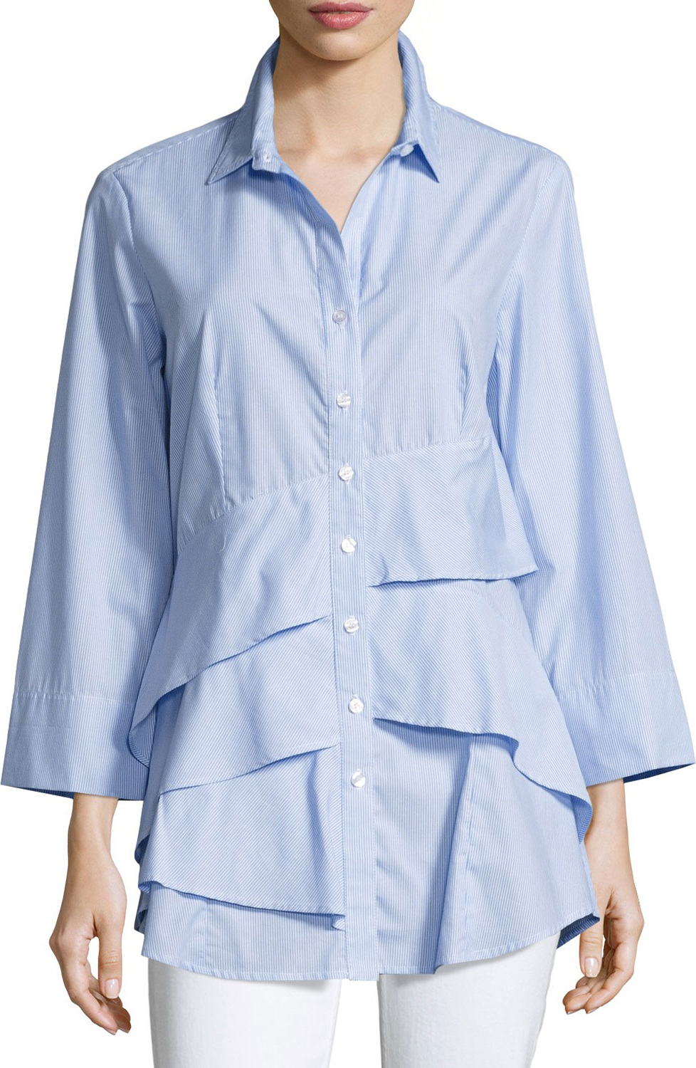 Finley Jenna Striped Chambray Tiered-Ruffle Blouse