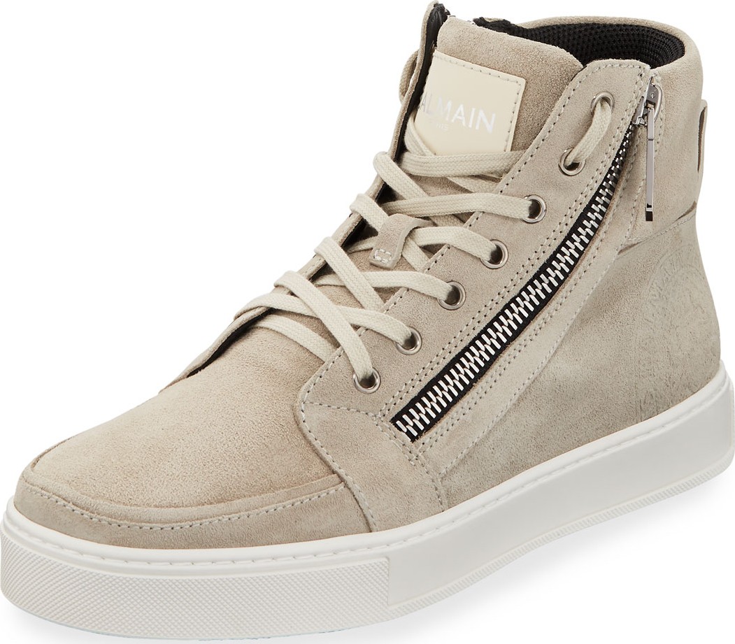 Balmain Men's Suede High-Top Zipper Sneakers