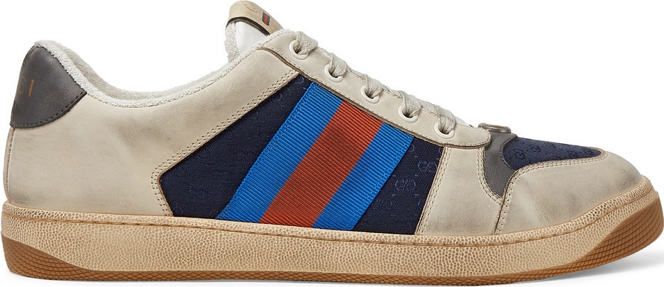 Gucci Screener Webbing-Trimmed Distressed Leather and Canvas Sneakers
