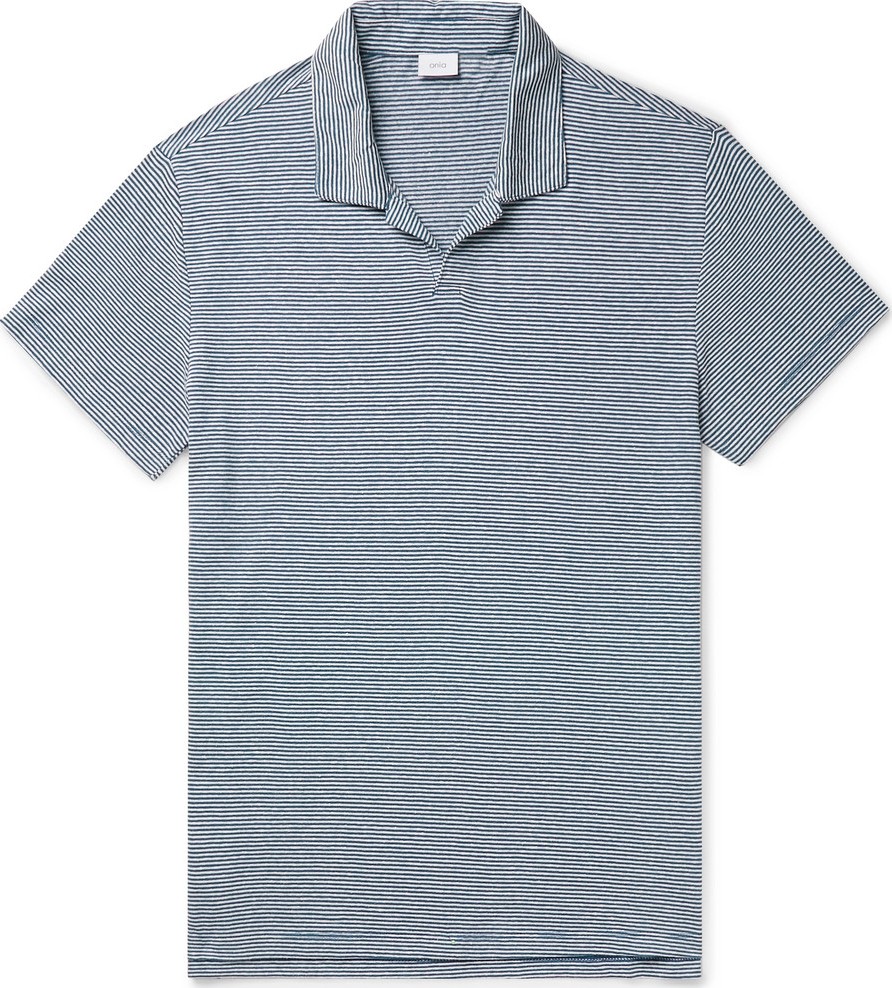 Onia Striped Linen-Blend Polo Shirt