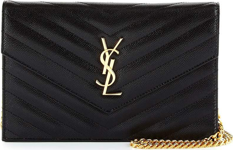 Saint Laurent Monogram Chevron Quilted Wallet on Chain, Black